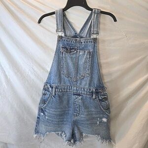 Light Blue Denim Shortalls - Women's Distressed Jean Short Overalls